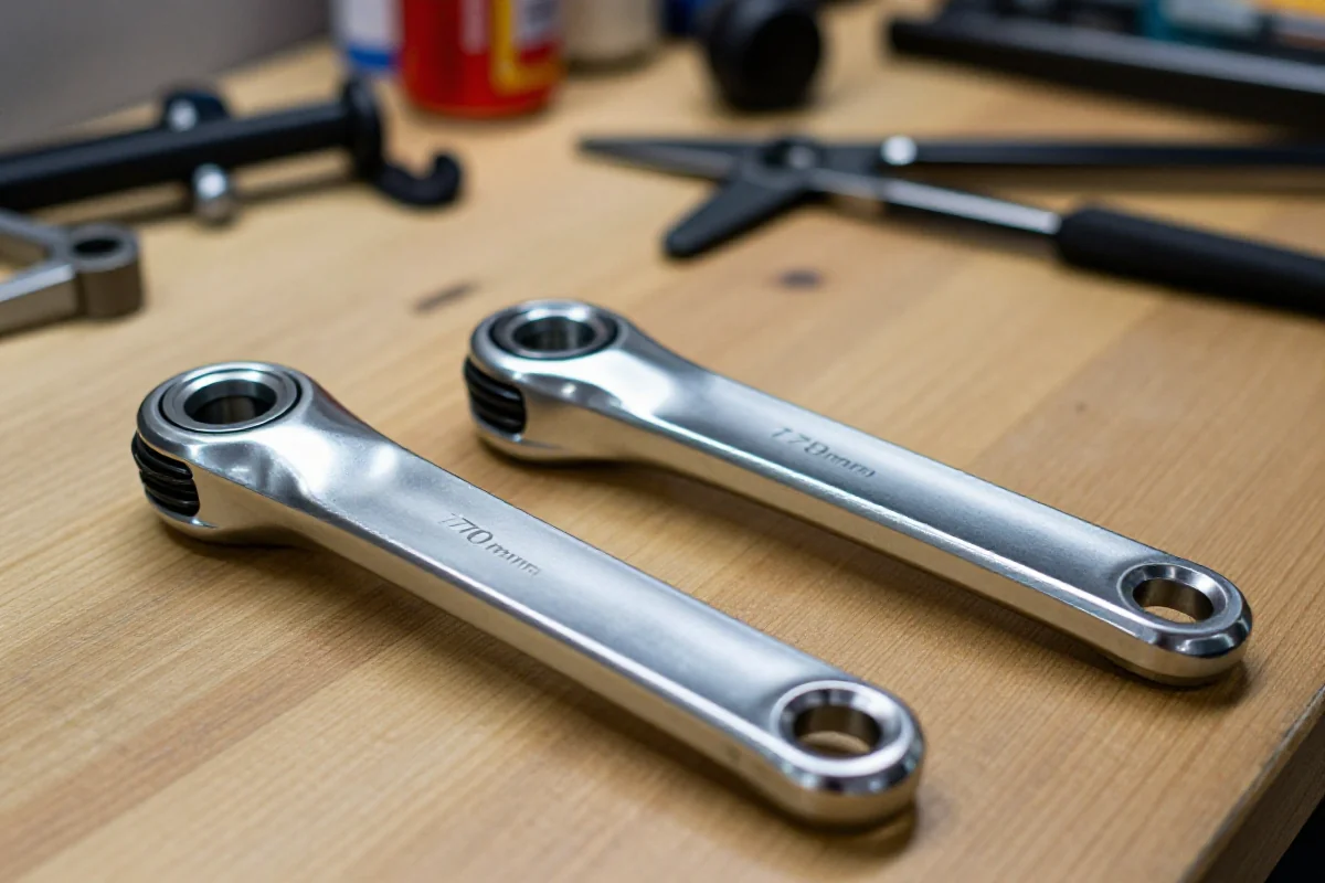 Zbliżenie na korby rowerowe 170mm i 175mm w warsztacie