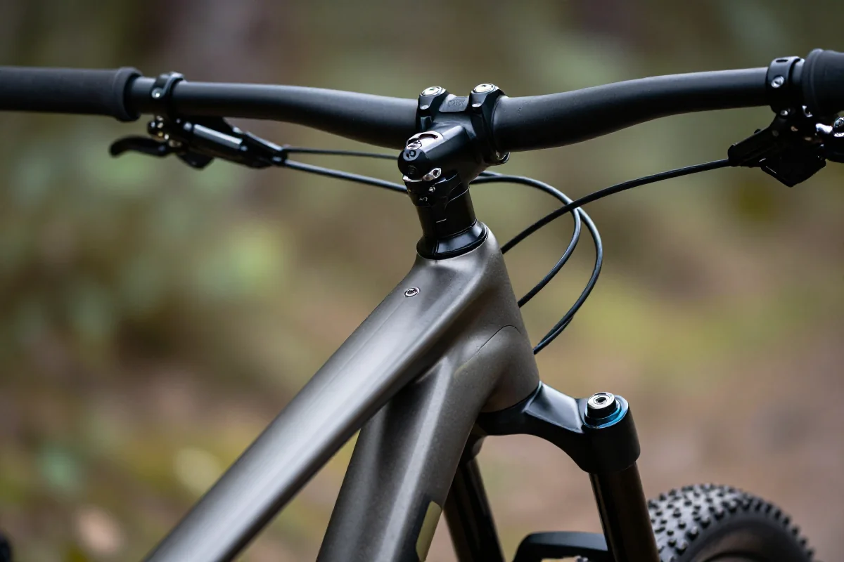 Bliski kadr mostka MTB i kierownicy, pokazujący ich detale i długość.