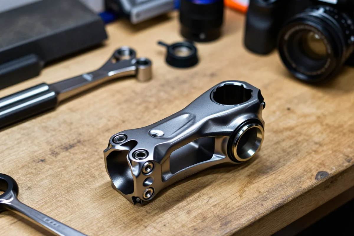 Mostek rowerowy górski na stole warsztatowym, komponenty rowerowe w tle.