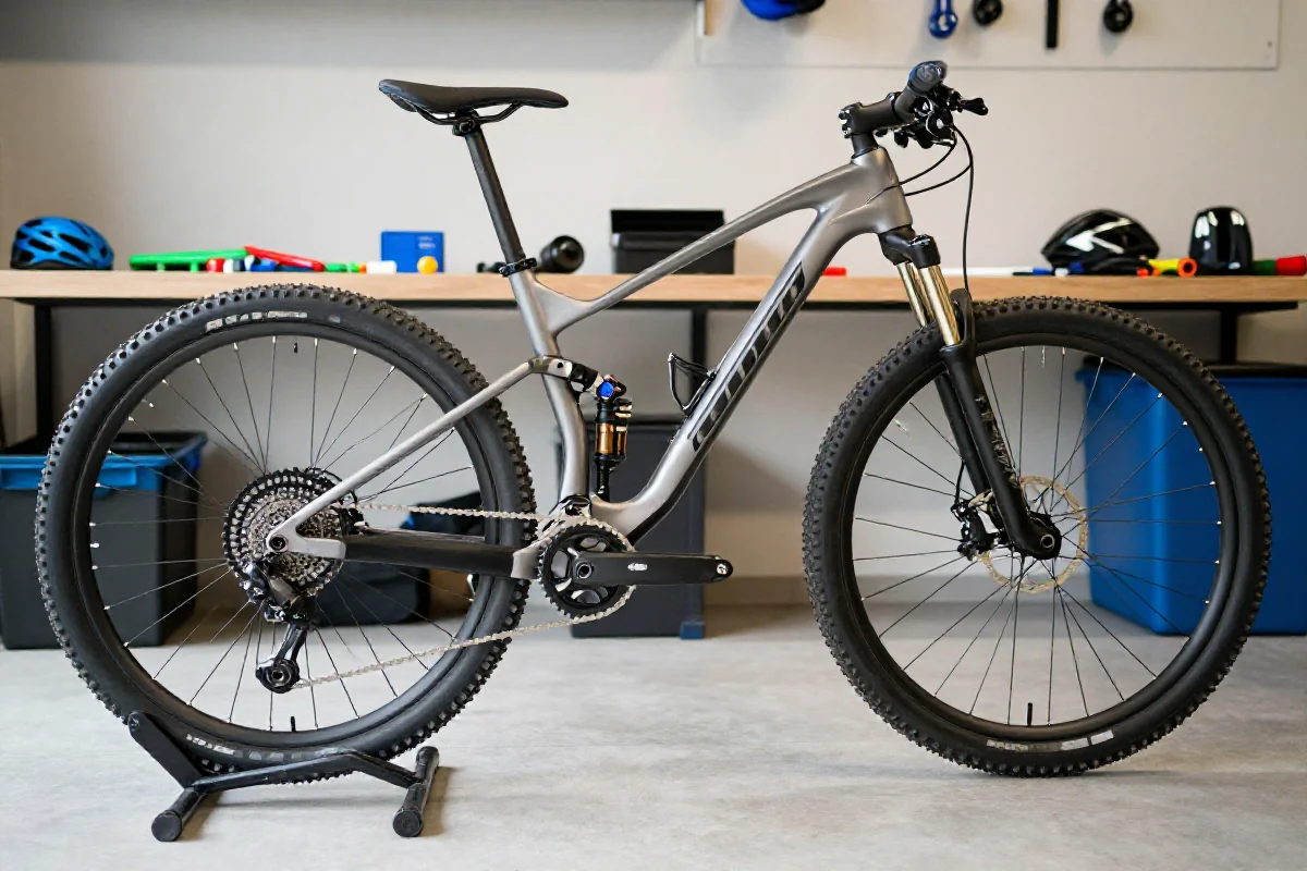 Rower górski w doskonałym stanie, przygotowany do długoterminowego składowania.