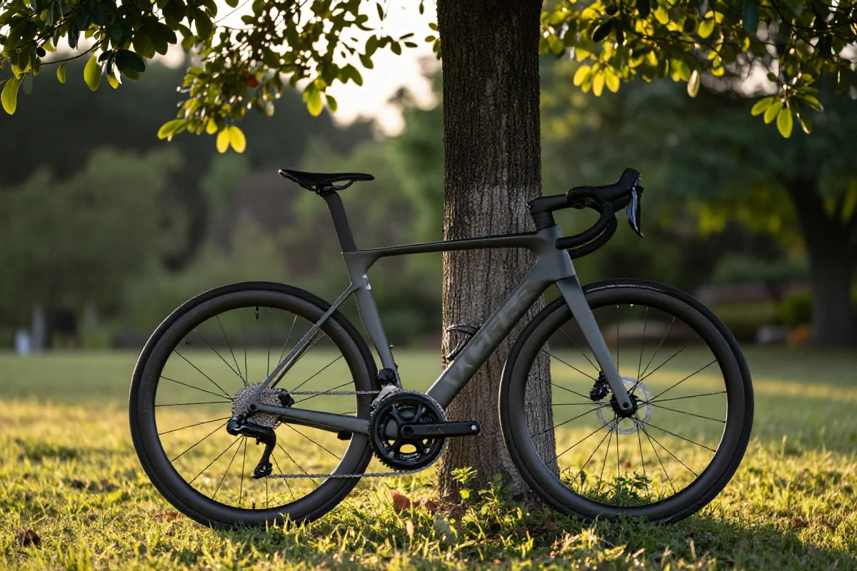 Rower szosowy oparty o drzewo w parku o zachodzie słońca