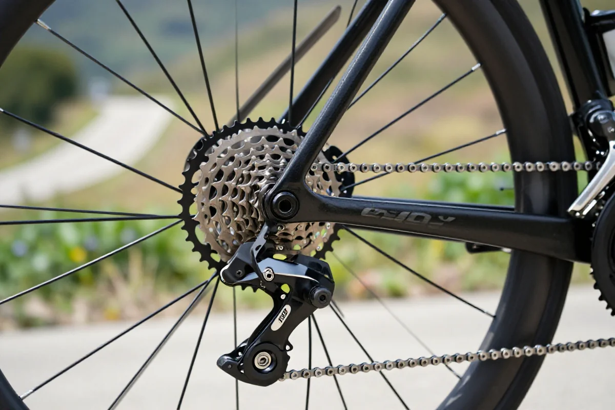 Detale napędu roweru szosowego, zębatki i korby na podjeździe.