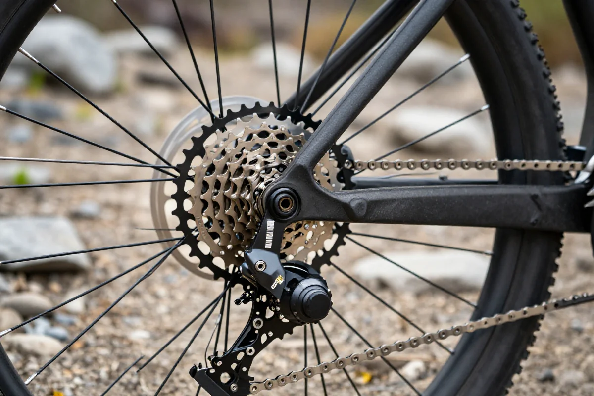 Szczegóły napędu roweru górskiego z kasetą 1x12 na szlaku