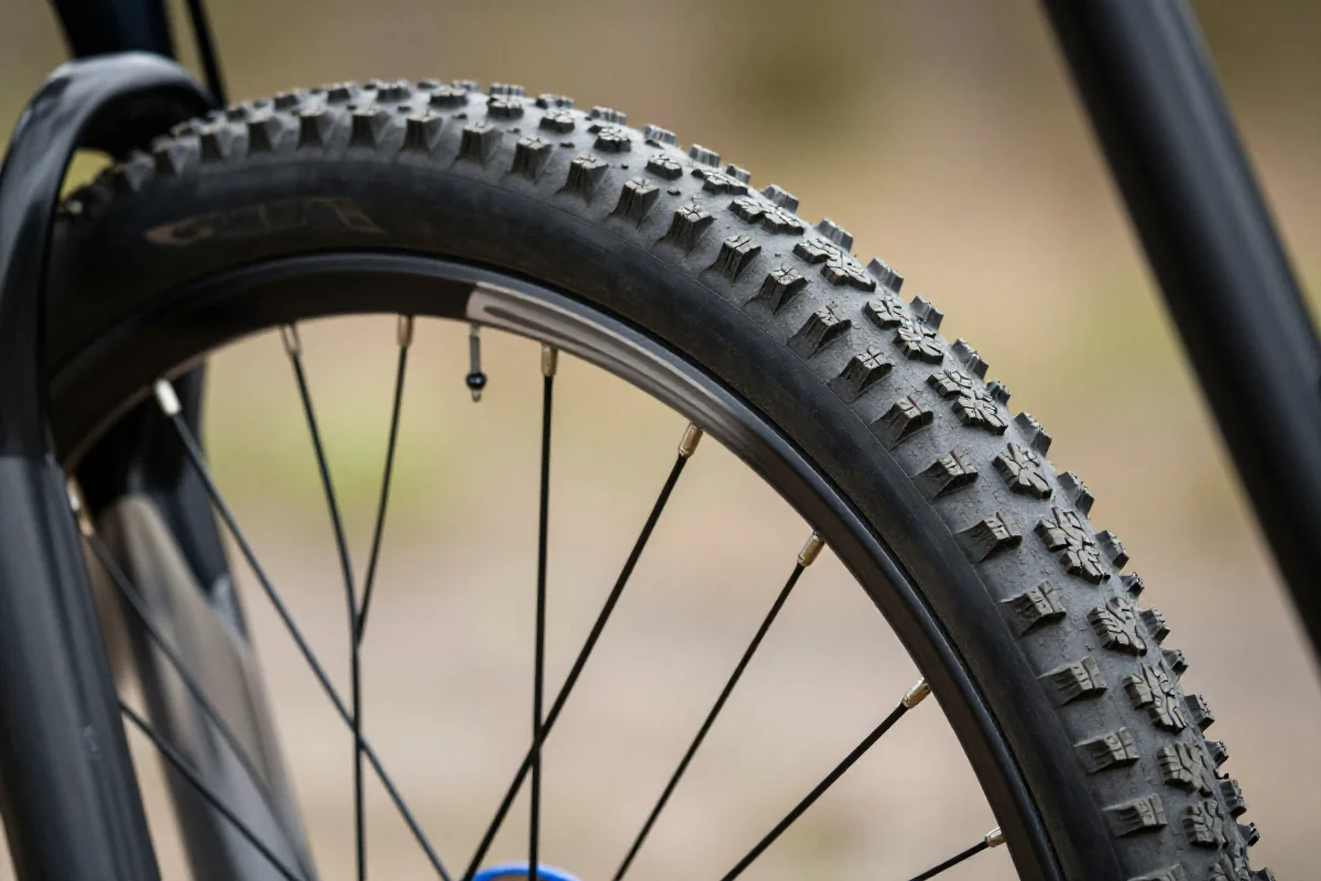 Opona roweru górskiego na obręczy 30mm, pokazująca szczegóły i teksturę.