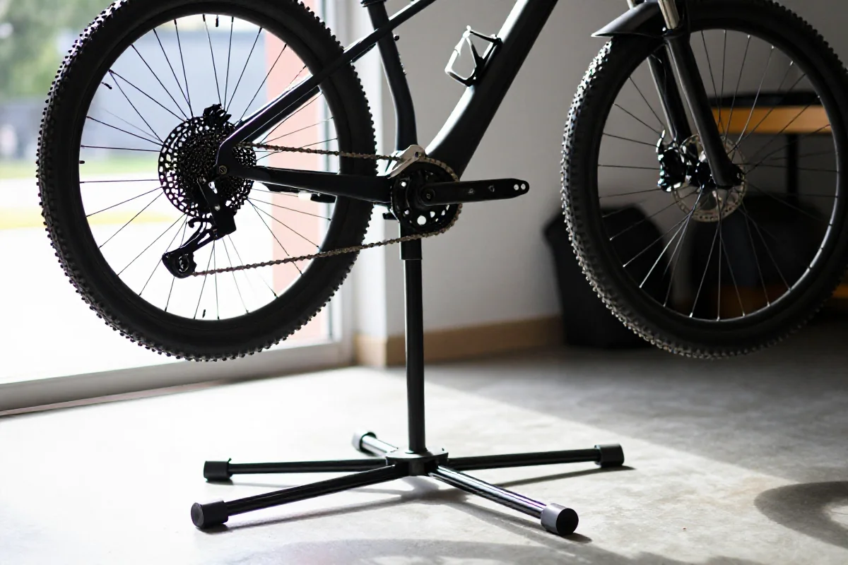 Stojak serwisowy do rowerów górskich w oświetlonym garażu.