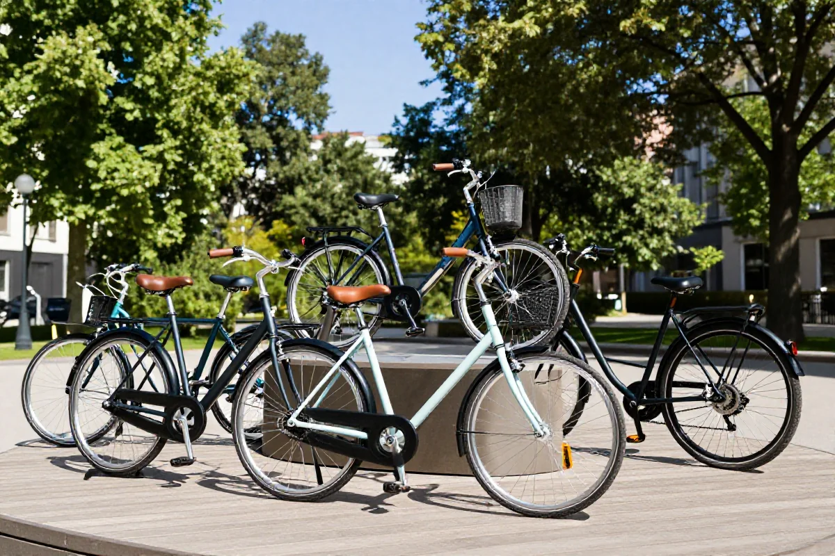 Zestaw różnych rowerów w parku, w tym rower miejski, elektryczny i cargo.