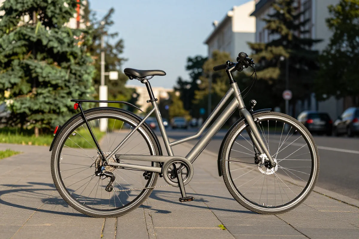 Nowoczesny rower miejski na chodniku w Warszawie, podkreślający dofinansowanie do rowerów.