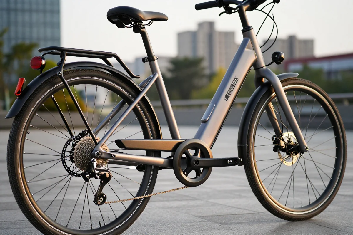 Rower elektryczny w miejskim otoczeniu, podkreślający nowoczesny design i komponenty.