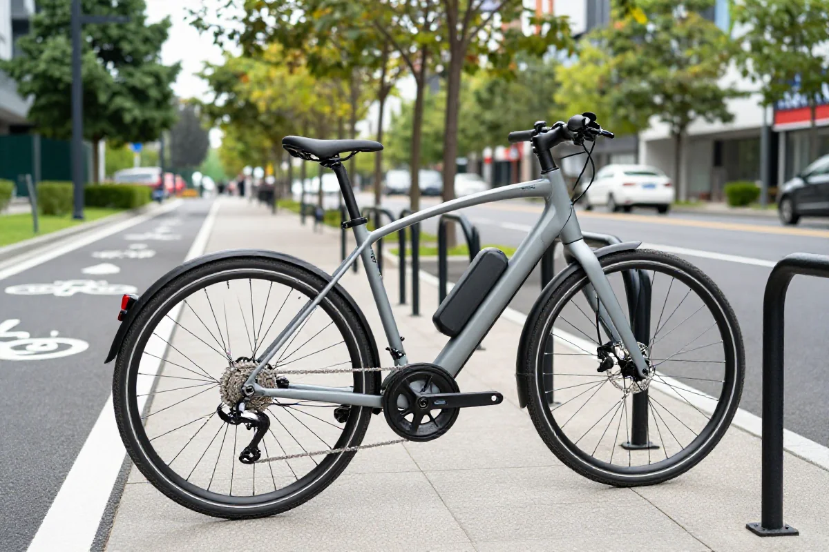 Nowoczesny e-bike na miejskim parkingu rowerowym w słoneczny dzień.