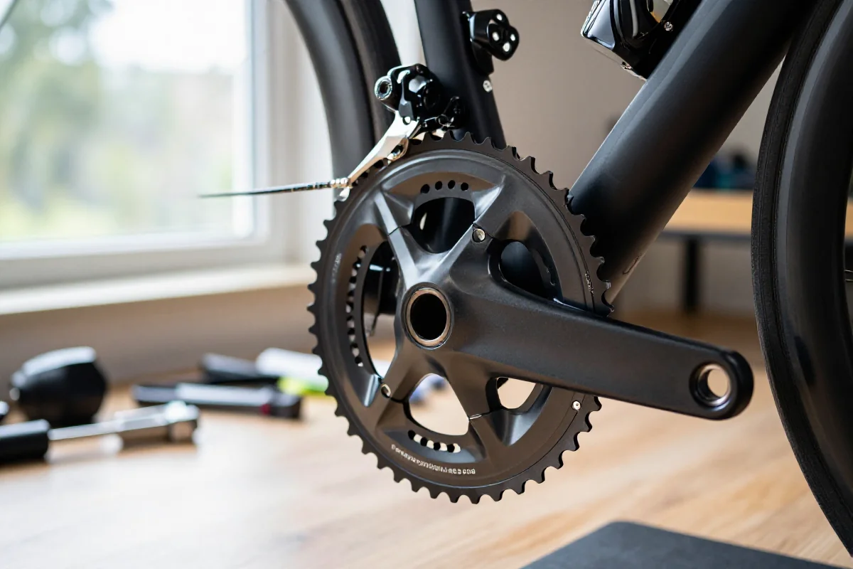 Czujnik mocy zamontowany w korbie roweru, szczegóły techniczne i precyzyjne wykonanie.