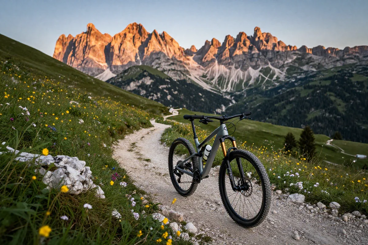 Rower górski na szlaku w Dolomitach, idealny do MTB.