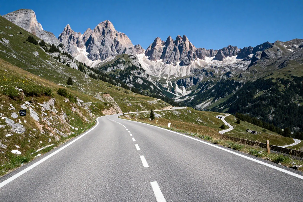 Droga w Dolomitach, idealna dla kolarzy szosowych, otoczona górami.