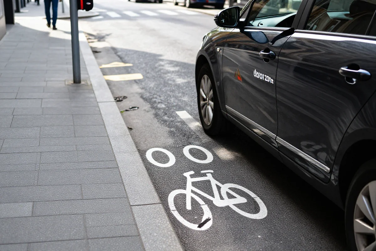 Niebezpieczna strefa 'door zone' obok zaparkowanego pojazdu w mieście.