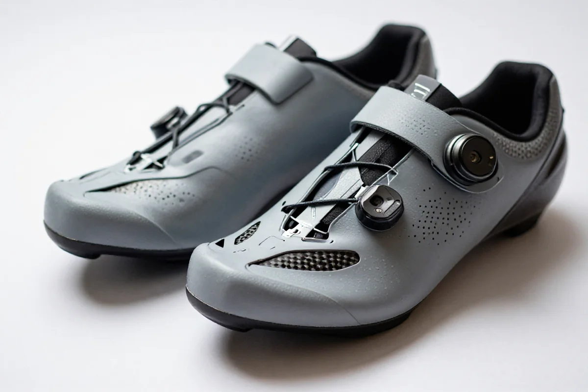 Para butów kolarskich na białym tle, podkreślających techniczne detale.