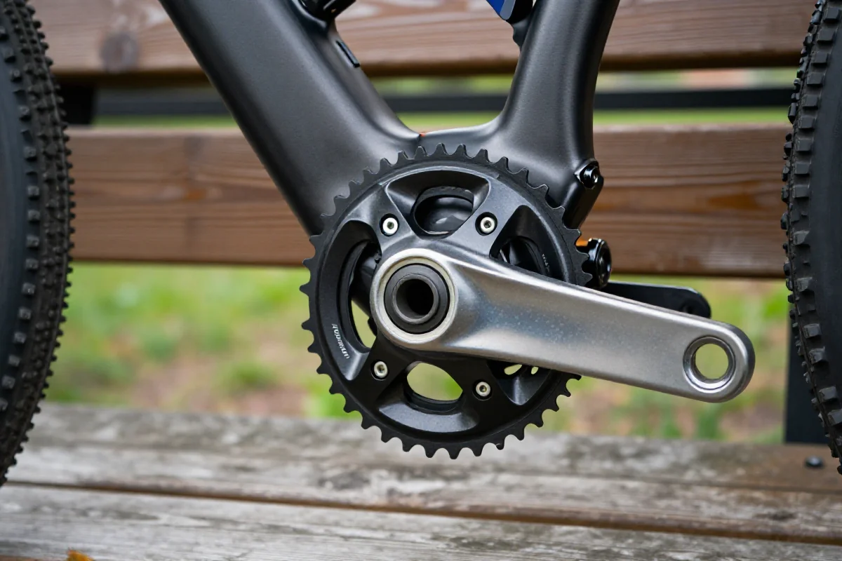 Zbliżenie na korby roweru górskiego z osią 24mm i standardem suportu.