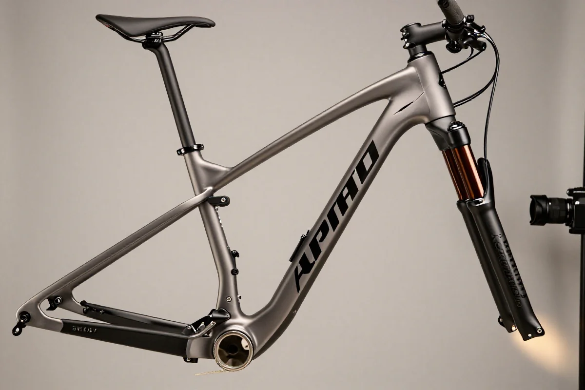 Rama roweru górskiego z widocznymi detalami geometrii i dopasowania.
