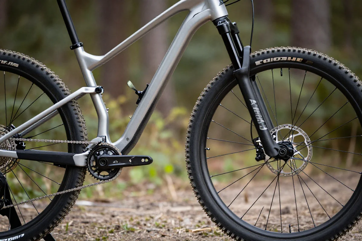 Bliska fotografia roweru górskiego z widocznymi cechami dla początkujących.