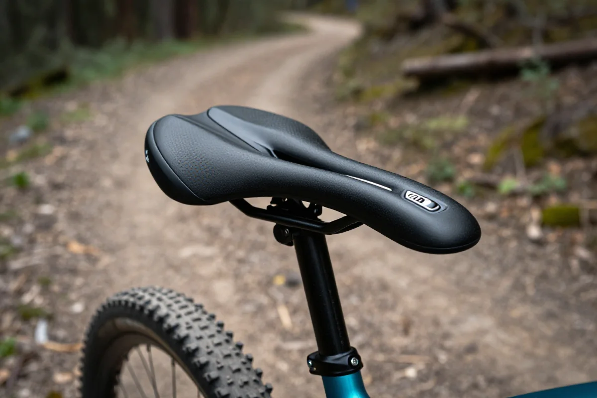Dopasowanie siodełka MTB na górskiej trasie, z bliska pokazane detale siodełka.