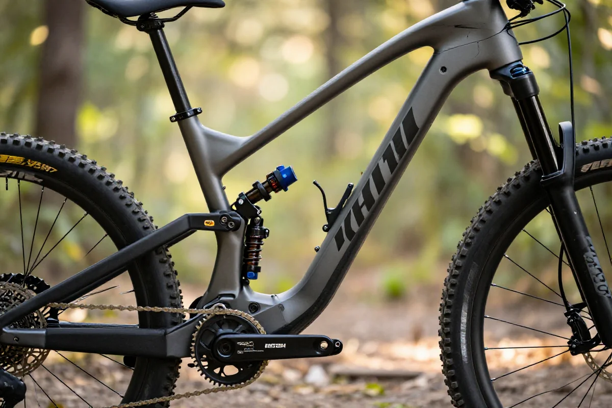 Nowoczesny rower górski z zaawansowanym systemem zawieszenia i hamulcami tarczowymi.