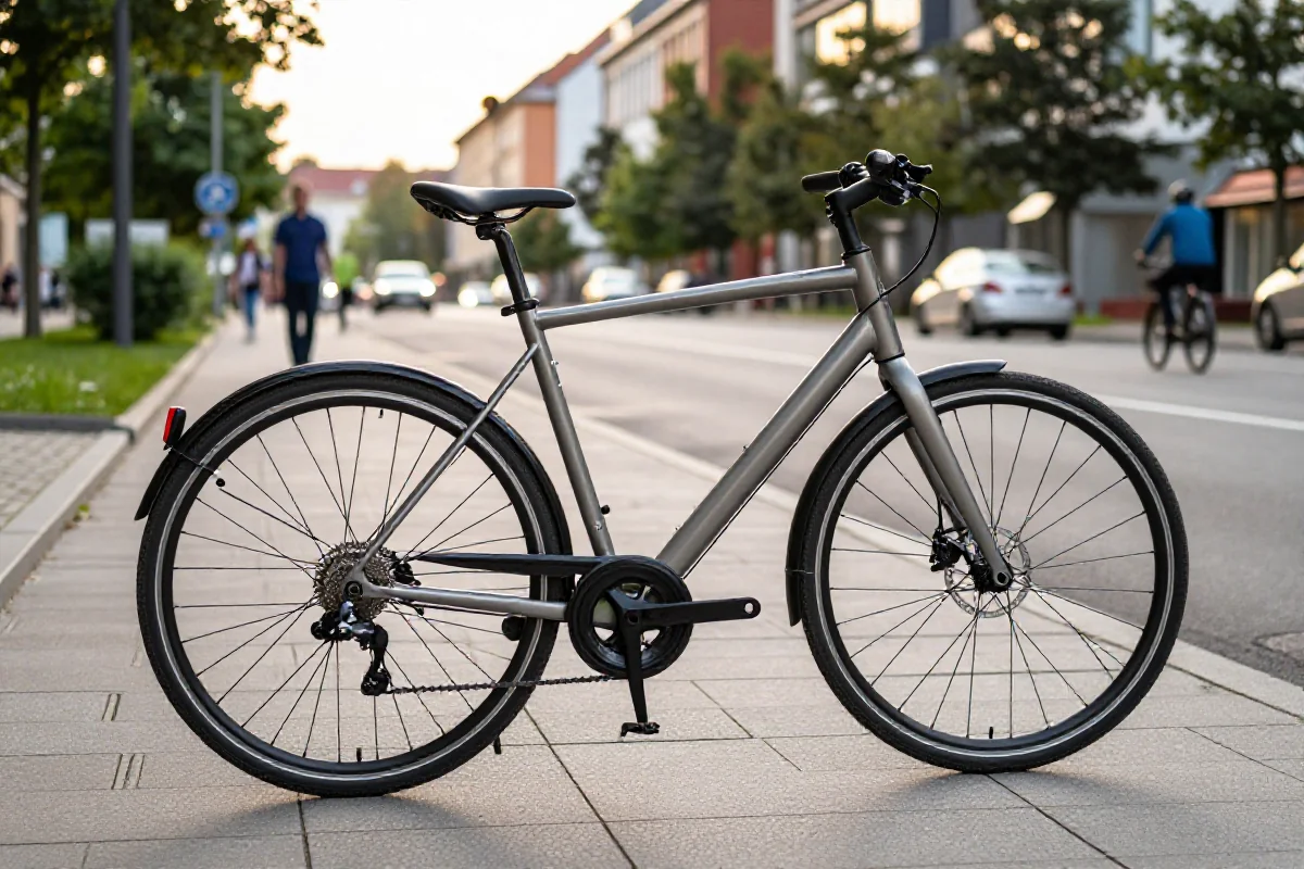 Nowoczesny rower miejski we Wrocławiu podczas zachodu słońca
