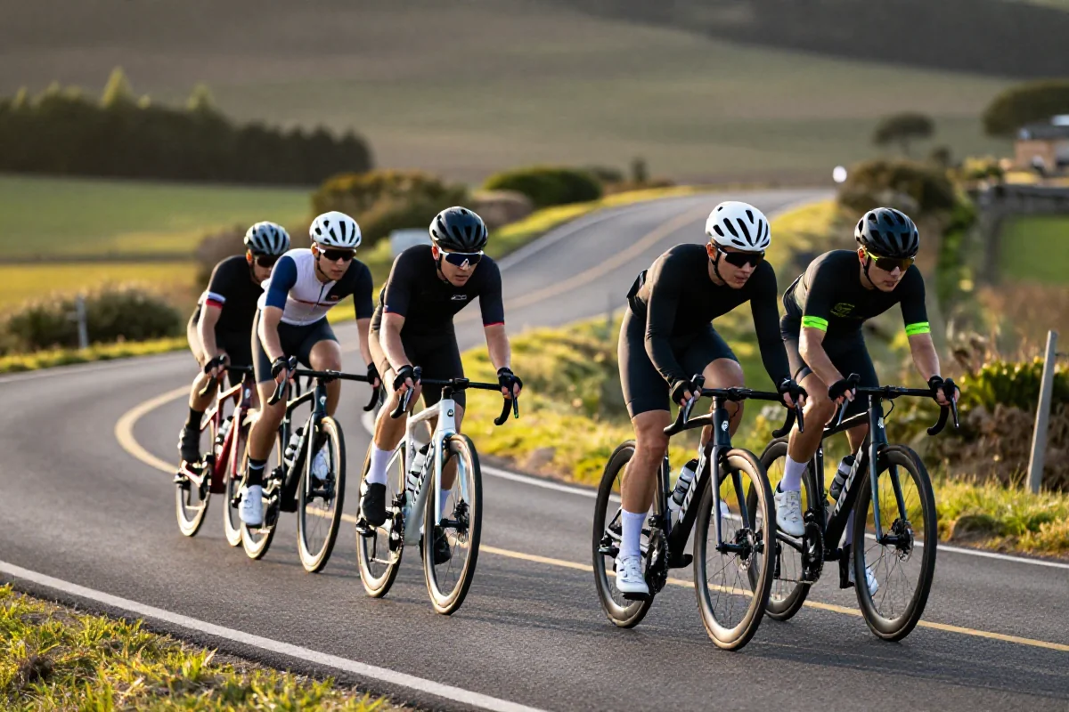 Grupa kolarzy w technice double paceline na malowniczej drodze.