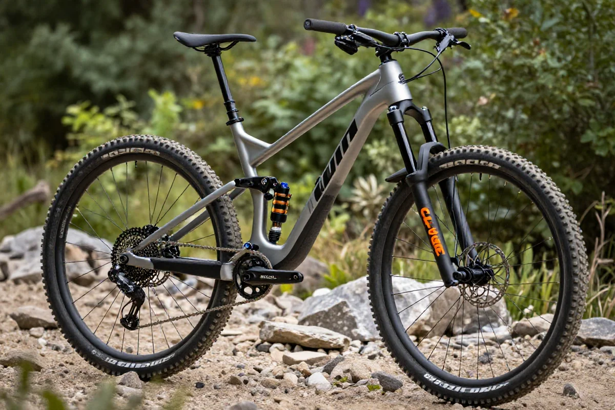 Nowoczesny rower górski Down-country na kamienistej trasie w lesie.