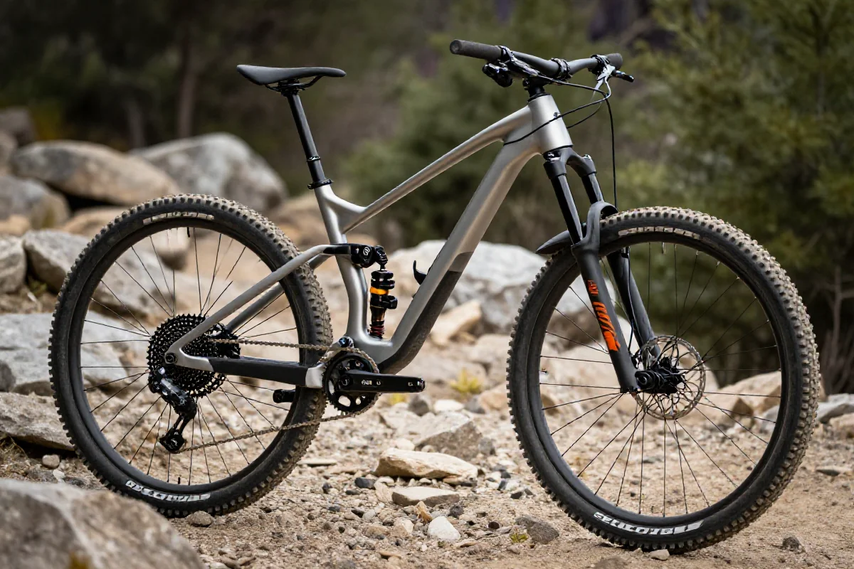 Rower down-country na szlaku, pokazujący nowoczesną geometrię i zawieszenie.