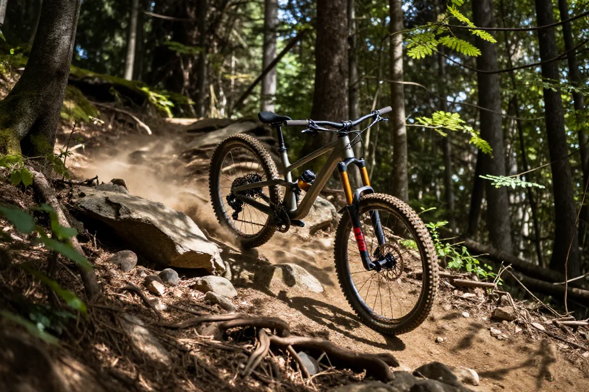 Rower górski downhill na stromej trasie w lesie.