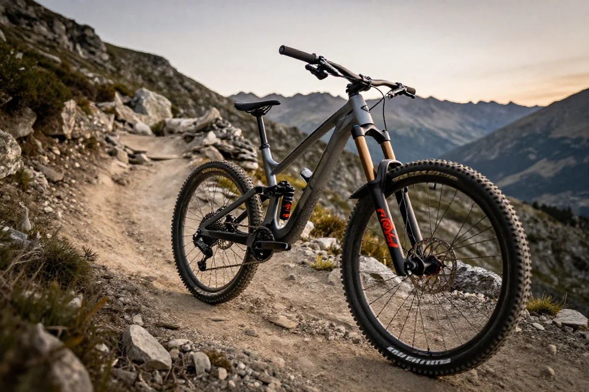 Rower górski downhill na stromym szlaku, ukazujący jego budowę i terenowe wyzwania.