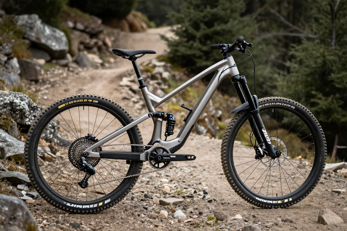 Rower downhillowy z aluminium na stromym terenie leśnym