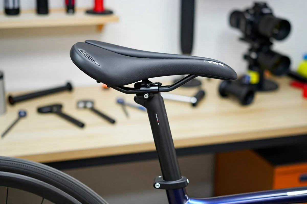 Nowoczesne siodełko i sztyca rowerowa w warsztacie, modyfikacje mechaniczne.