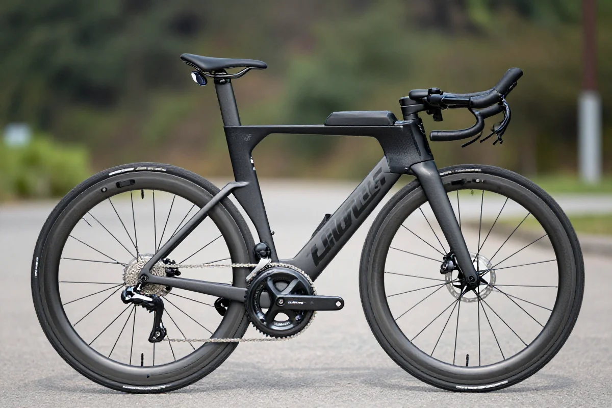 Rower triathlonowy z aerodynamiczną ramą i precyzyjnymi komponentami na trasie.