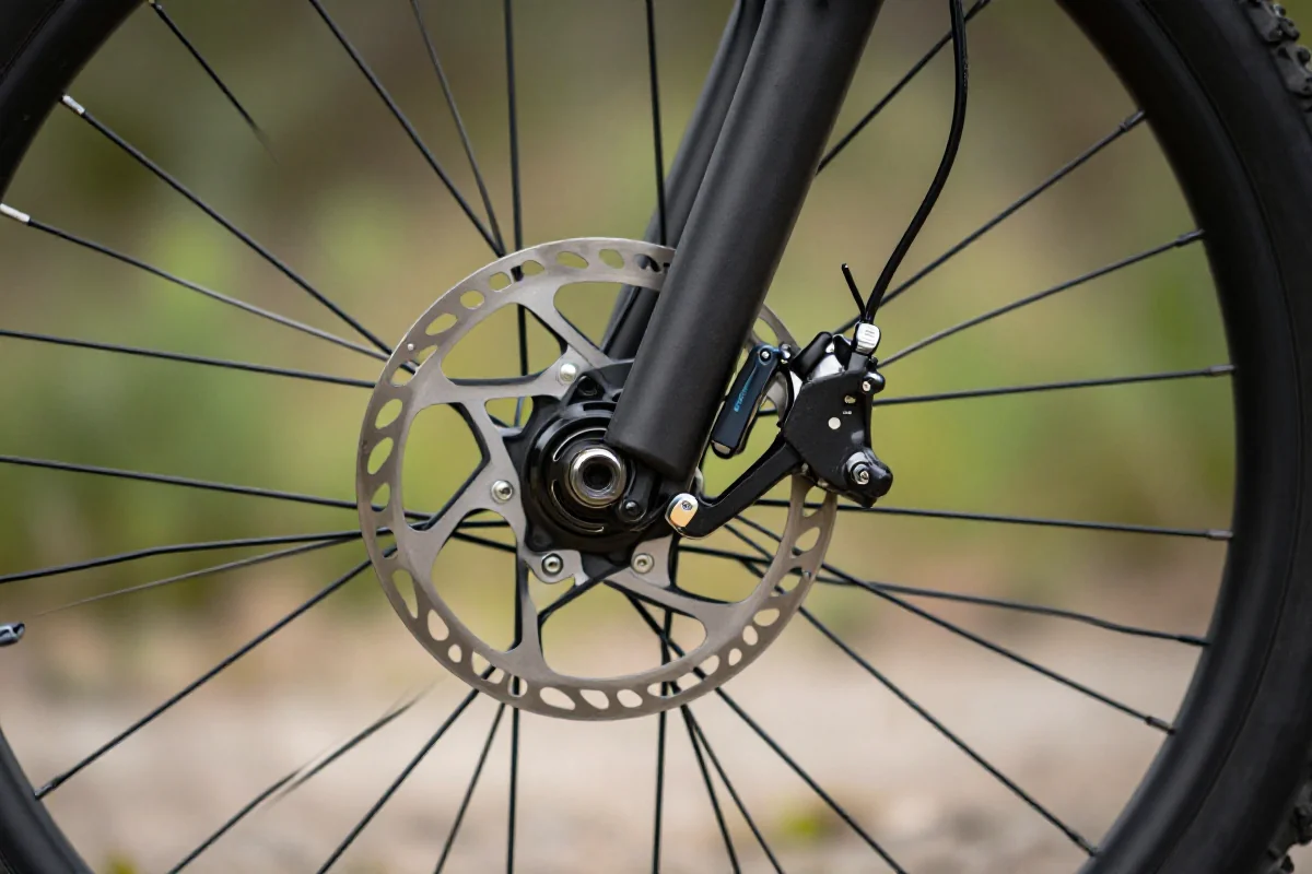 Układ hamulcowy roweru górskiego, szczegóły hamulców tarczowych i dźwigni.