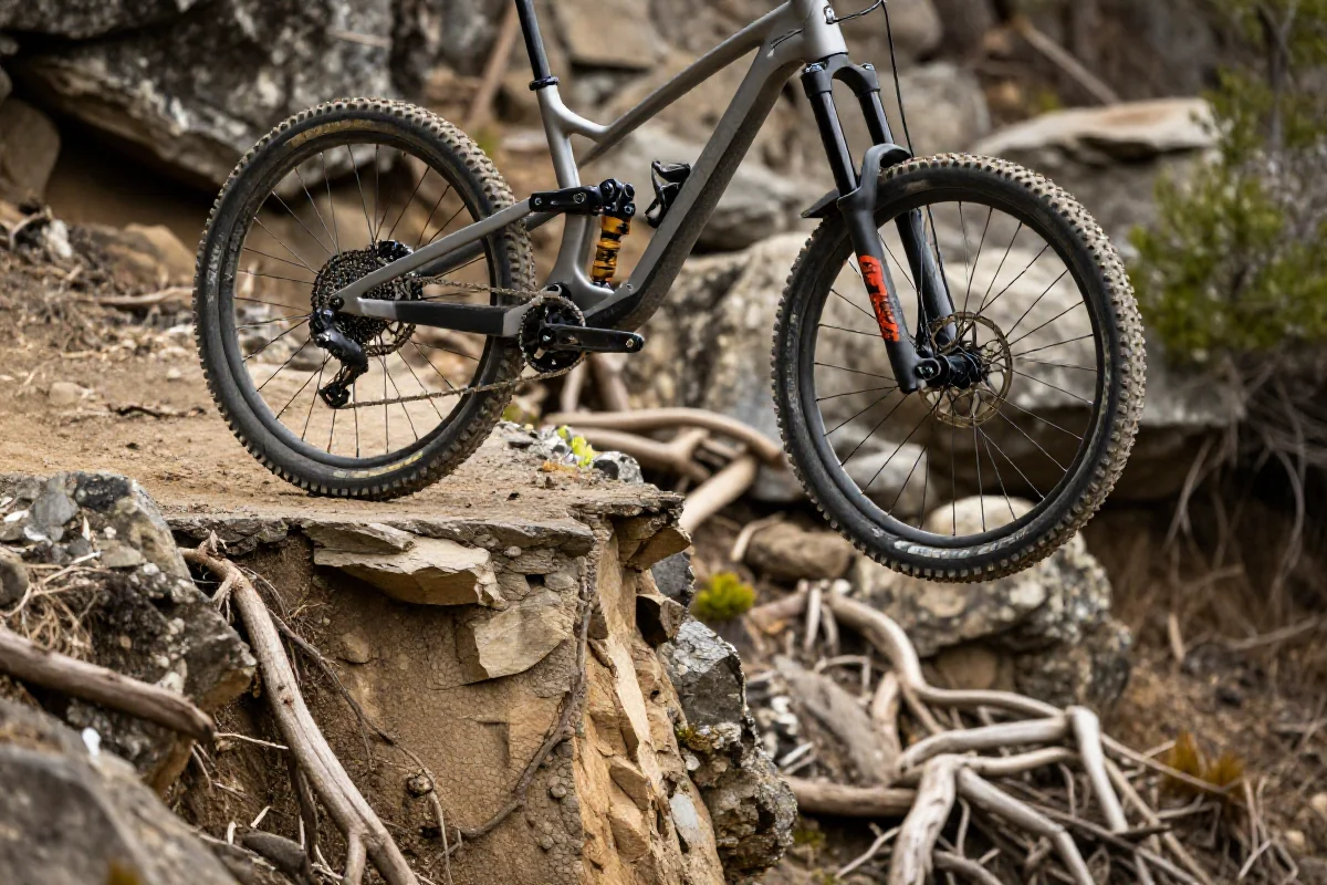 Rower górski na krawędzi drop-offu w naturalnym terenie
