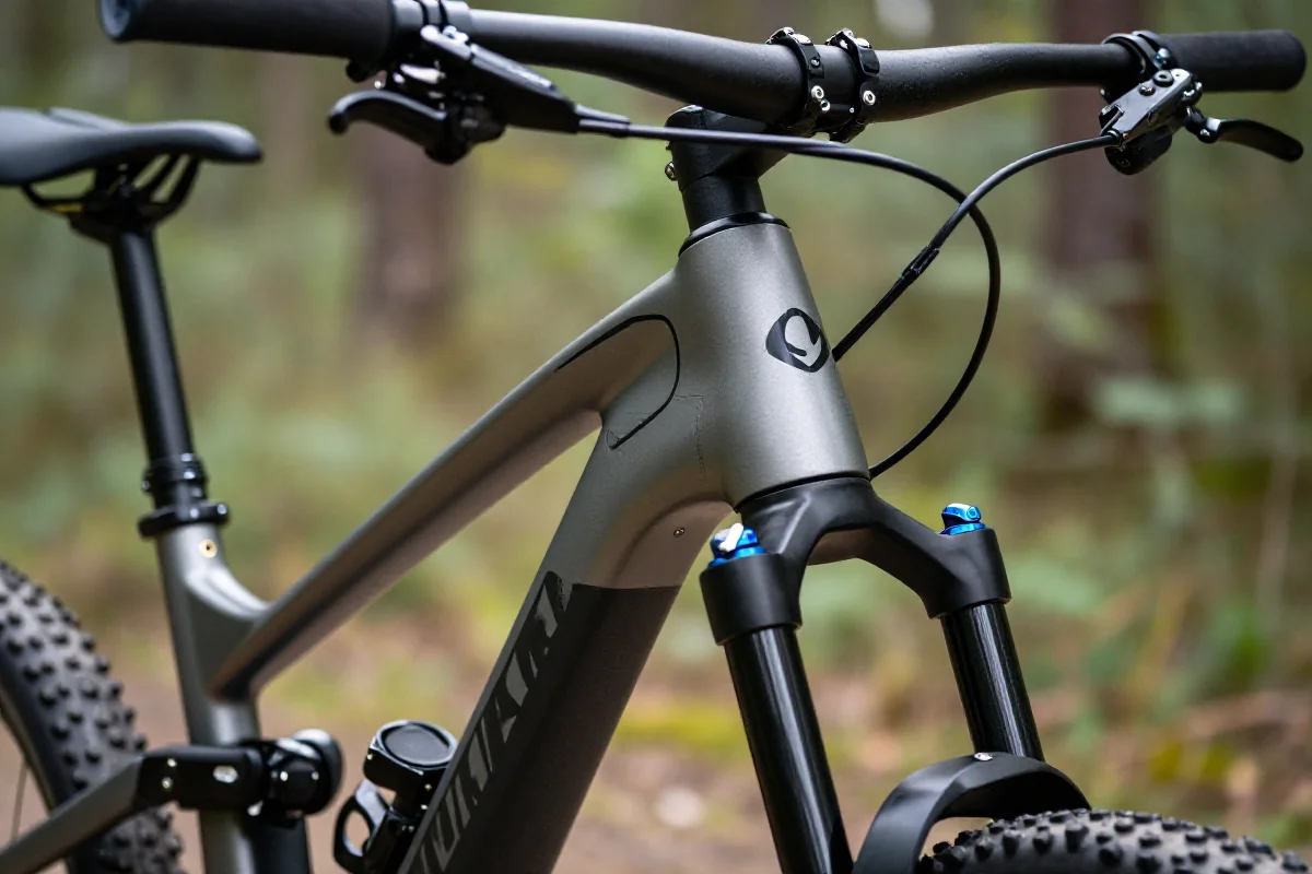 Nowoczesna sztyca podsiodłowa na rowerze górskim w naturalnym otoczeniu