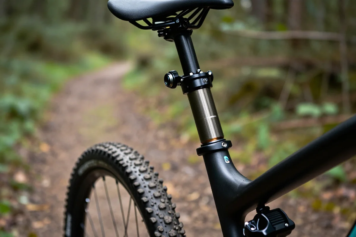 Zbliżenie na mechanizm droppera w rowerze górskim, ukazujące szczegóły komponentów.