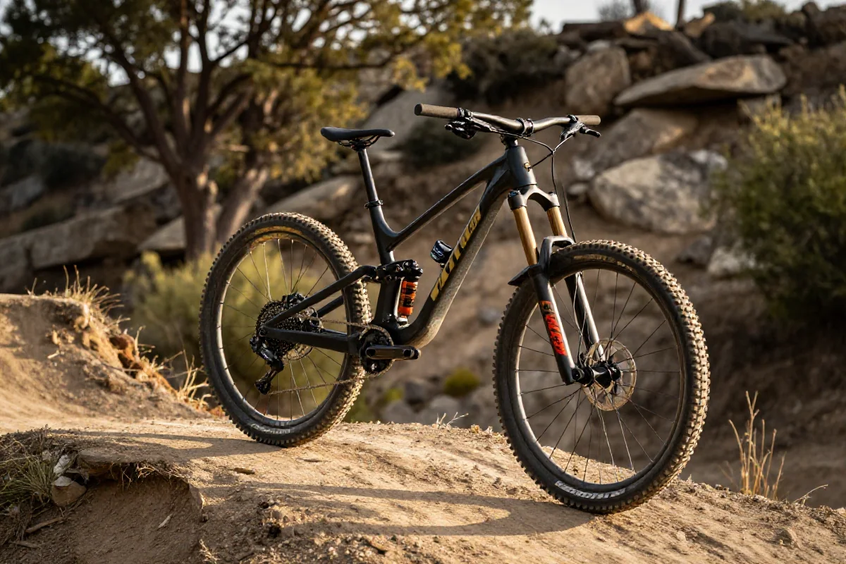 Rower górski na krawędzi dropa w naturalnym terenie, przedstawiający technikę drops.