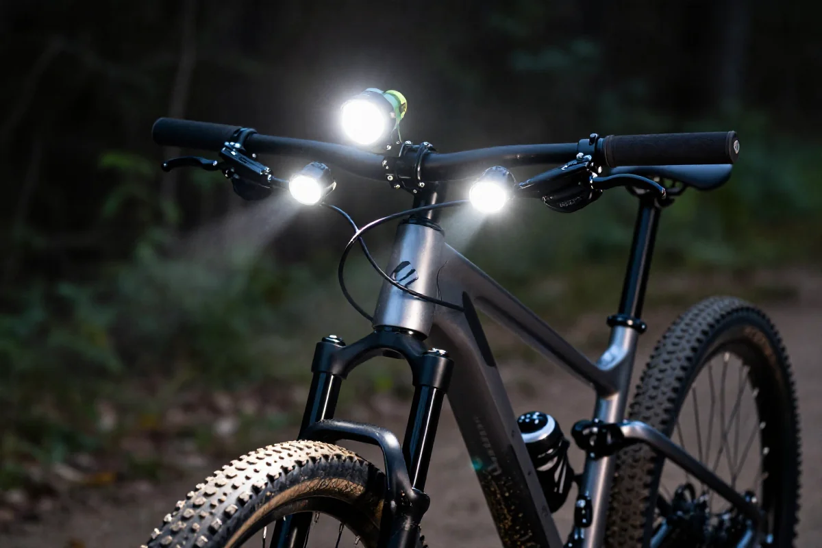 Zestaw podwójnego oświetlenia na rowerze górskim w ciemności