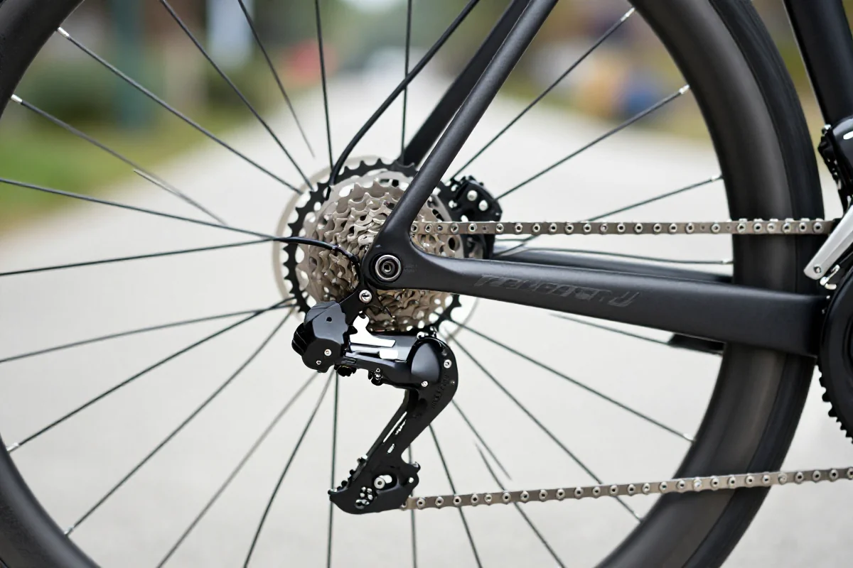 Szczegóły napędu roweru szosowego z elektroniczną zmianą biegów.