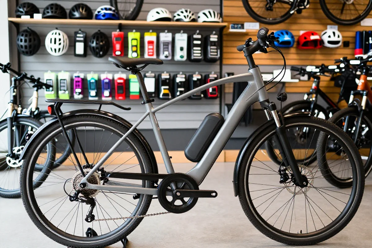 Rower elektryczny w lokalnym sklepie rowerowym z akcesoriami.