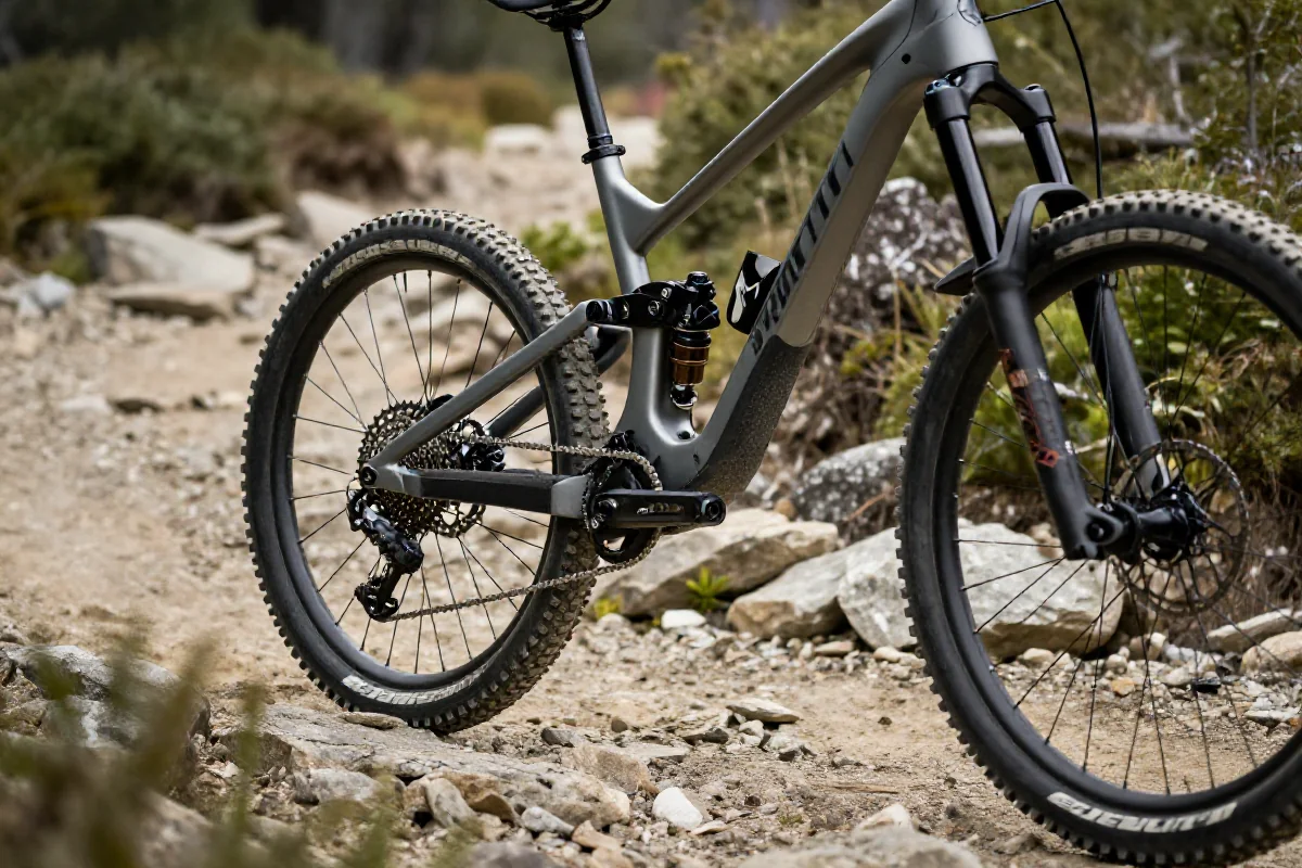 Rower górski na zjazdowej trasie, pokazujący techniczne elementy konstrukcji.