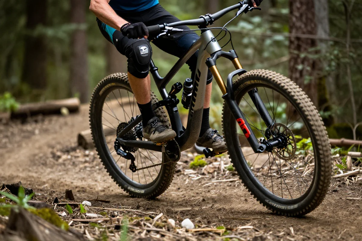 Rower górski na trudnym terenie, ilustrujący techniki przenoszenia ciężaru.