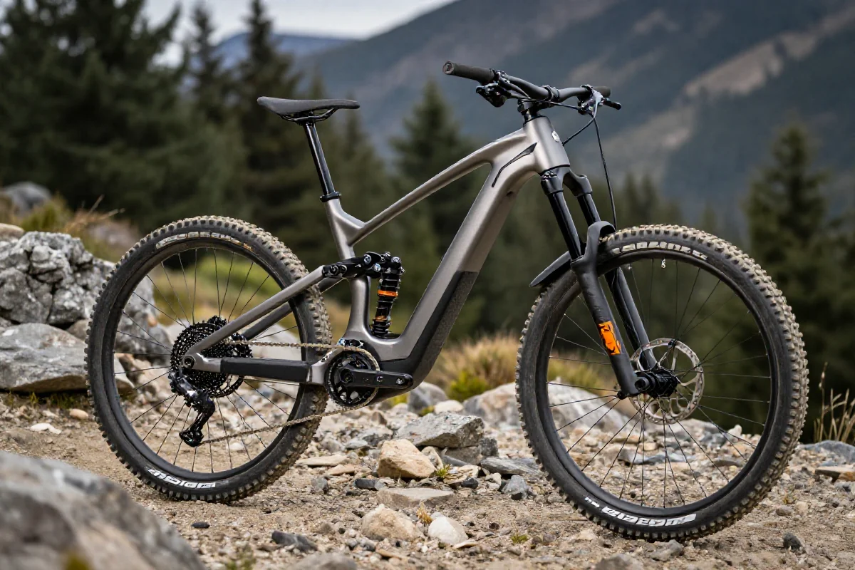 Elektryczny rower górski na trudnym szlaku w lesie