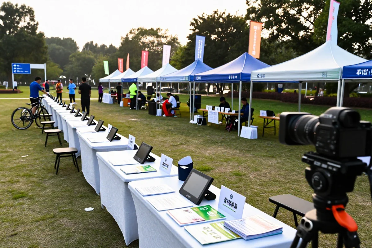 Przygotowania do wydarzenia kolarskiego w parku, stoły rejestracyjne i namioty.