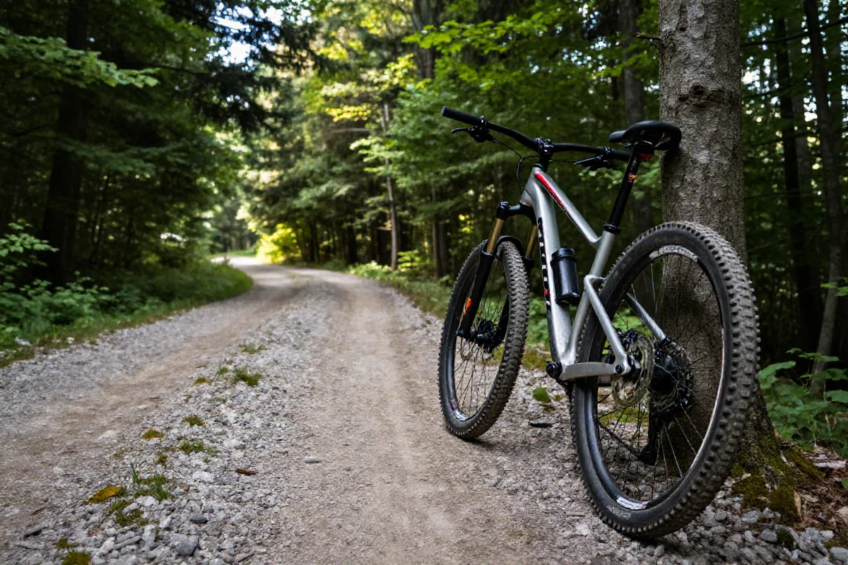Rower górski na leśnej drodze w Bieszczadach, przygoda na odludziu.