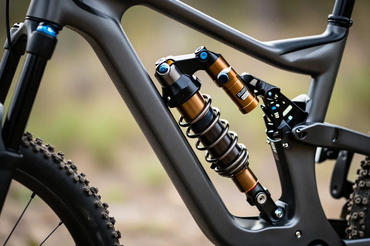 Szczegóły zawieszenia roweru górskiego, ukazujące amortyzator i widelec.