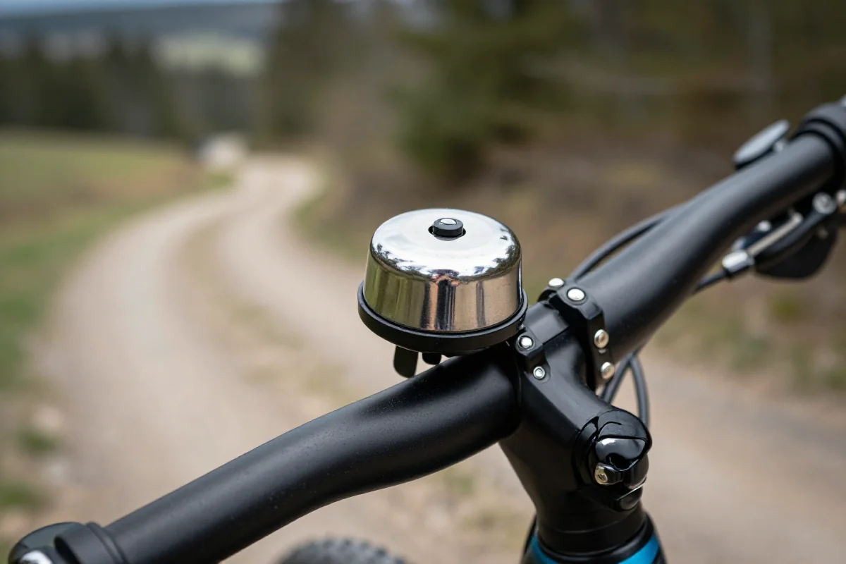 Dzwonek rowerowy na kierownicy roweru górskiego w plenerze.