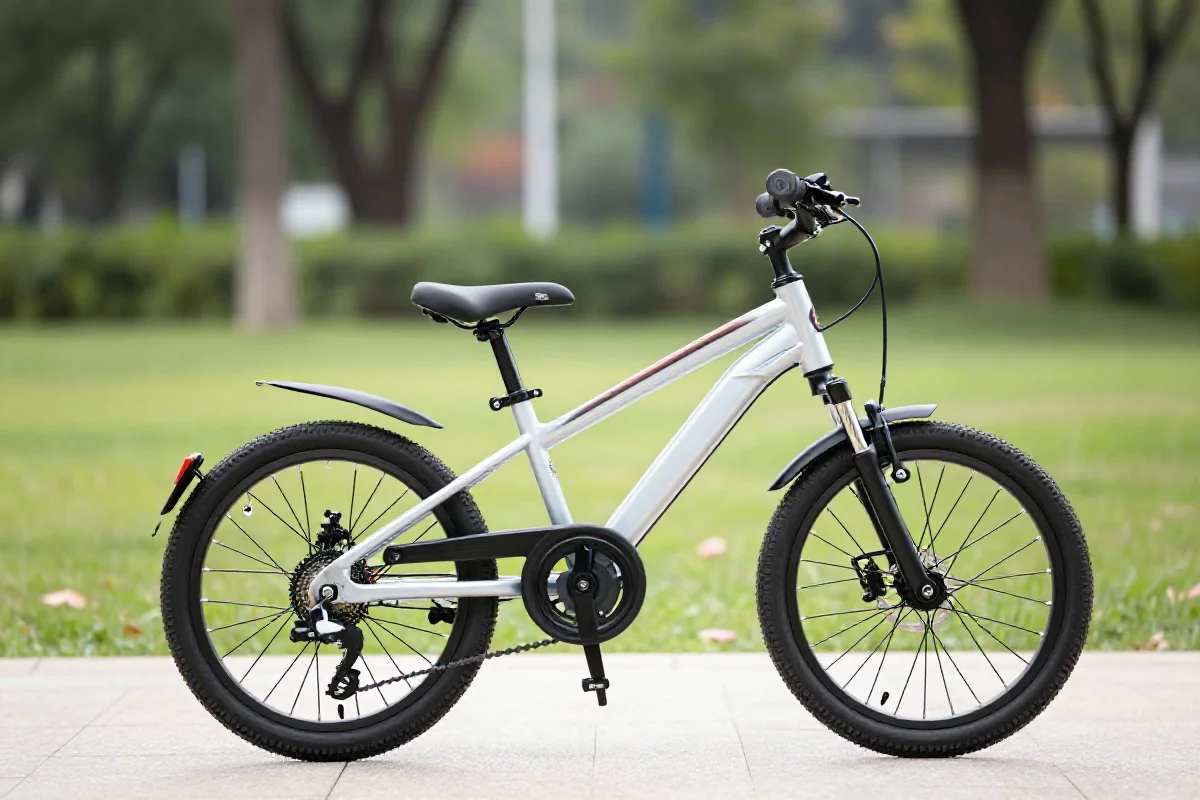 E-bike dla dzieci z kołami 20 cali w parku, idealny dla młodych rowerzystów.