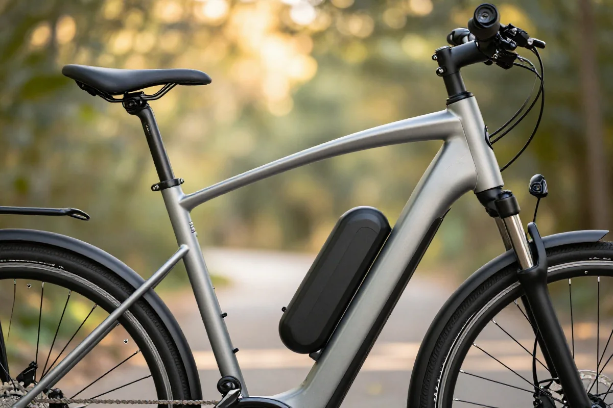 E-bike z nowoczesną ramą i silnikiem elektrycznym w naturalnym otoczeniu.