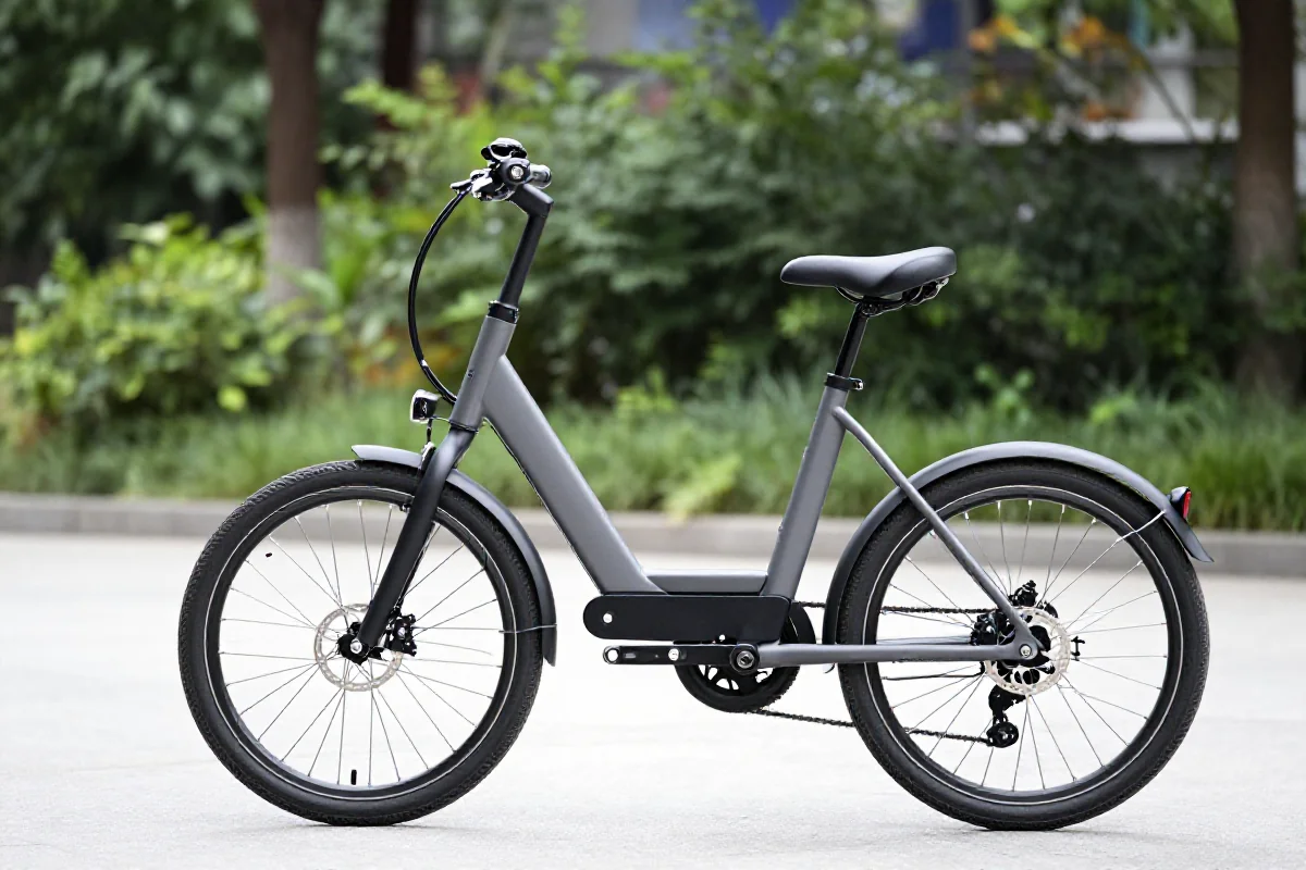 Rower elektryczny dla seniorów z niską ramą w zielonym otoczeniu.